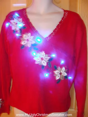 Tacky Light Up Christmas Sweater Bling White Poinsettias Pullover