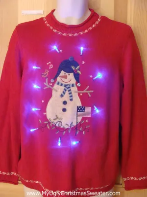 Tacky Red Light Up Christmas Sweater Huge Snowman Pullover