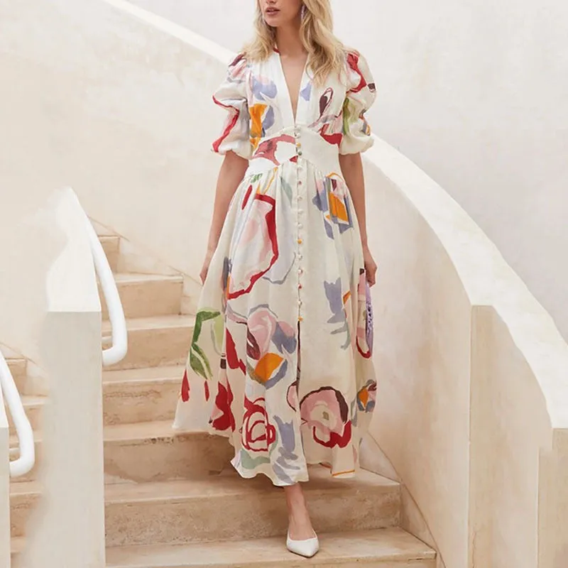 Temperament and fashionable V-neck printed long dress