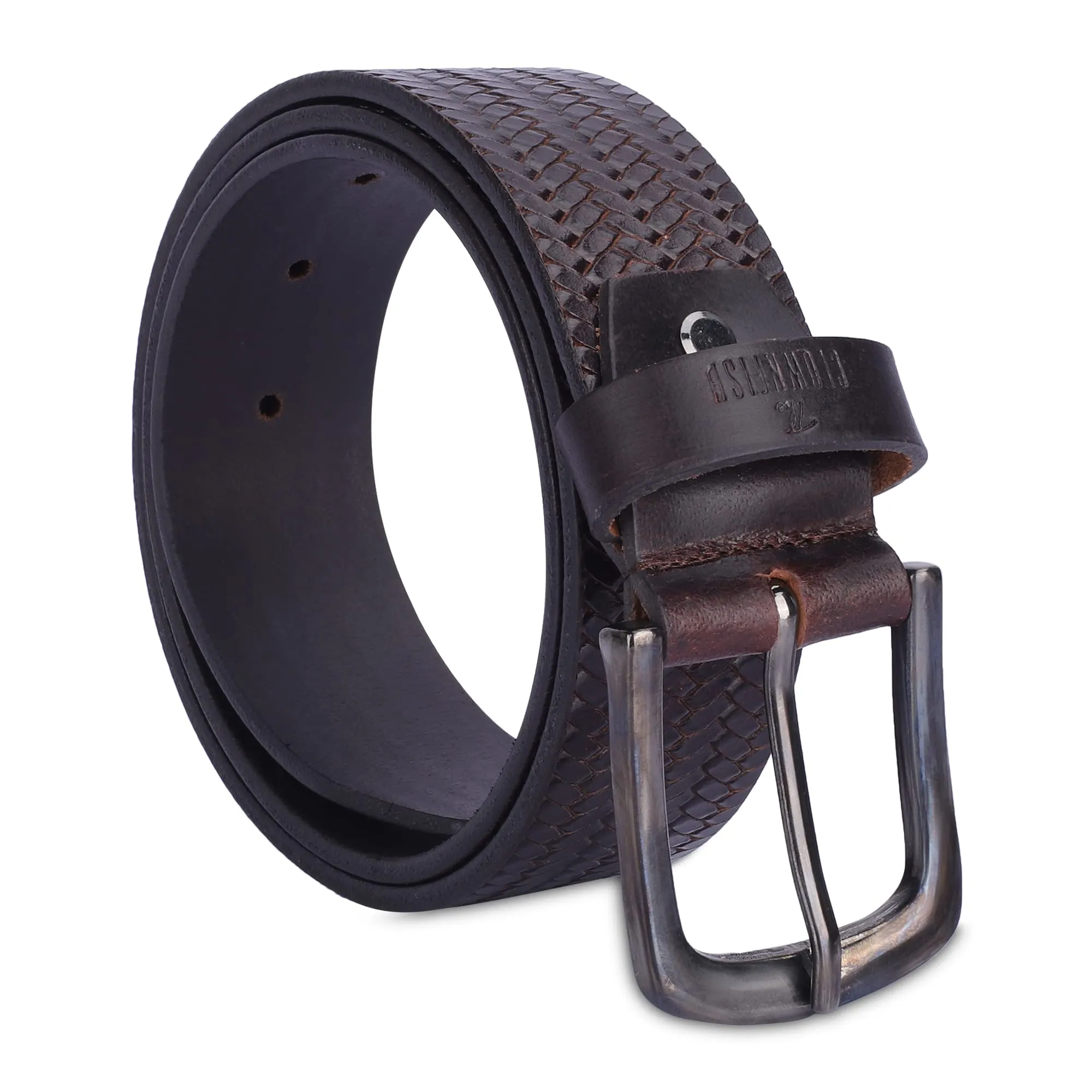 THE CLOWNFISH Men's Genuine Leather Belt with Textured/Embossed Design-Dark Brown (Size-32 inches)