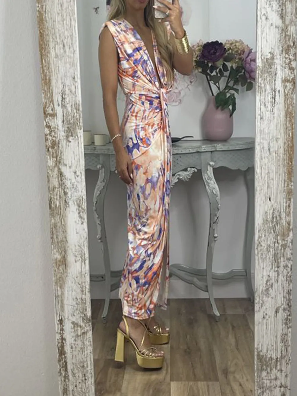 Tie-Dye Deep V Ruched Knotted Maxi Dress