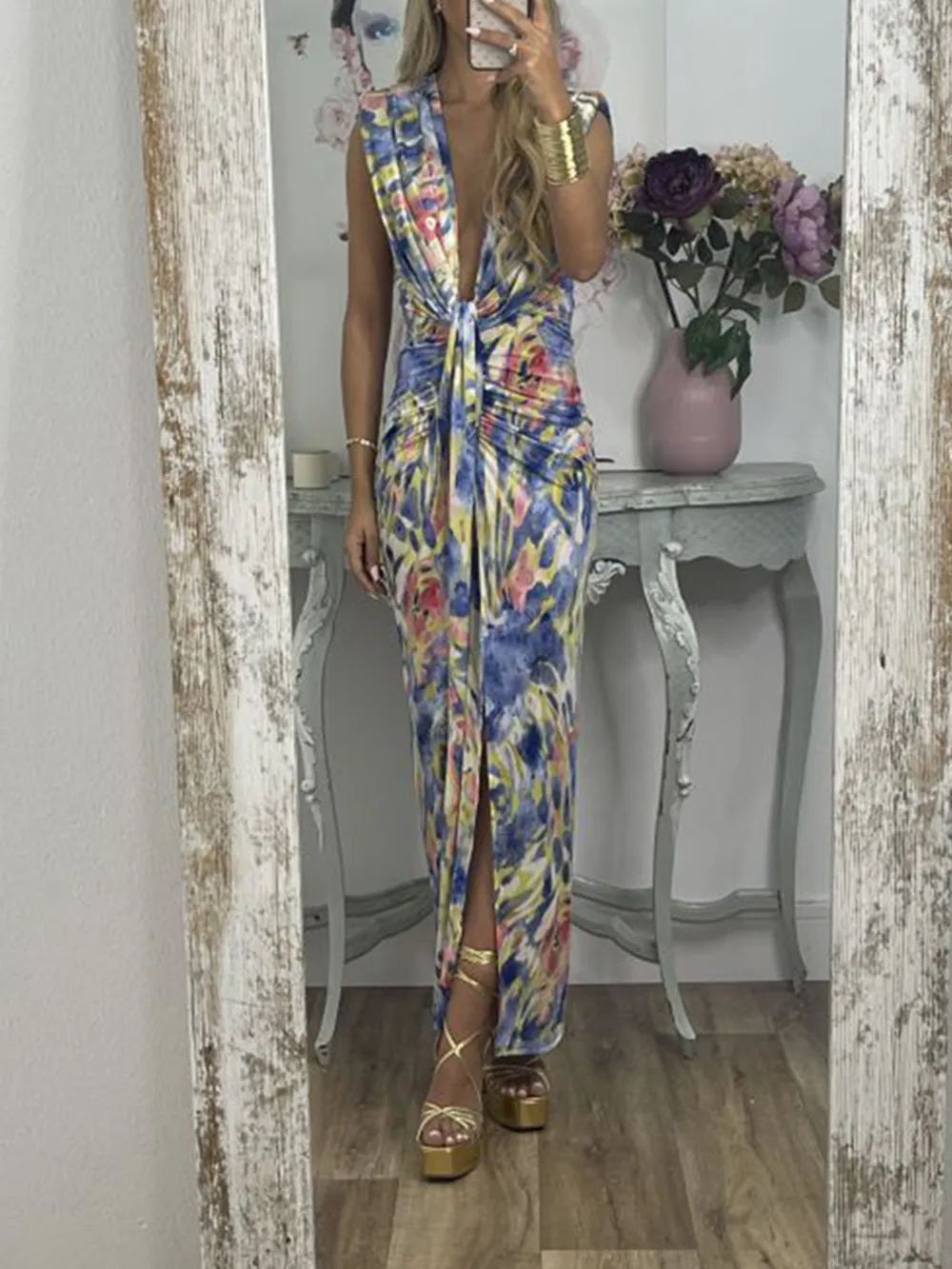 Tie-Dye Deep V Ruched Knotted Maxi Dress