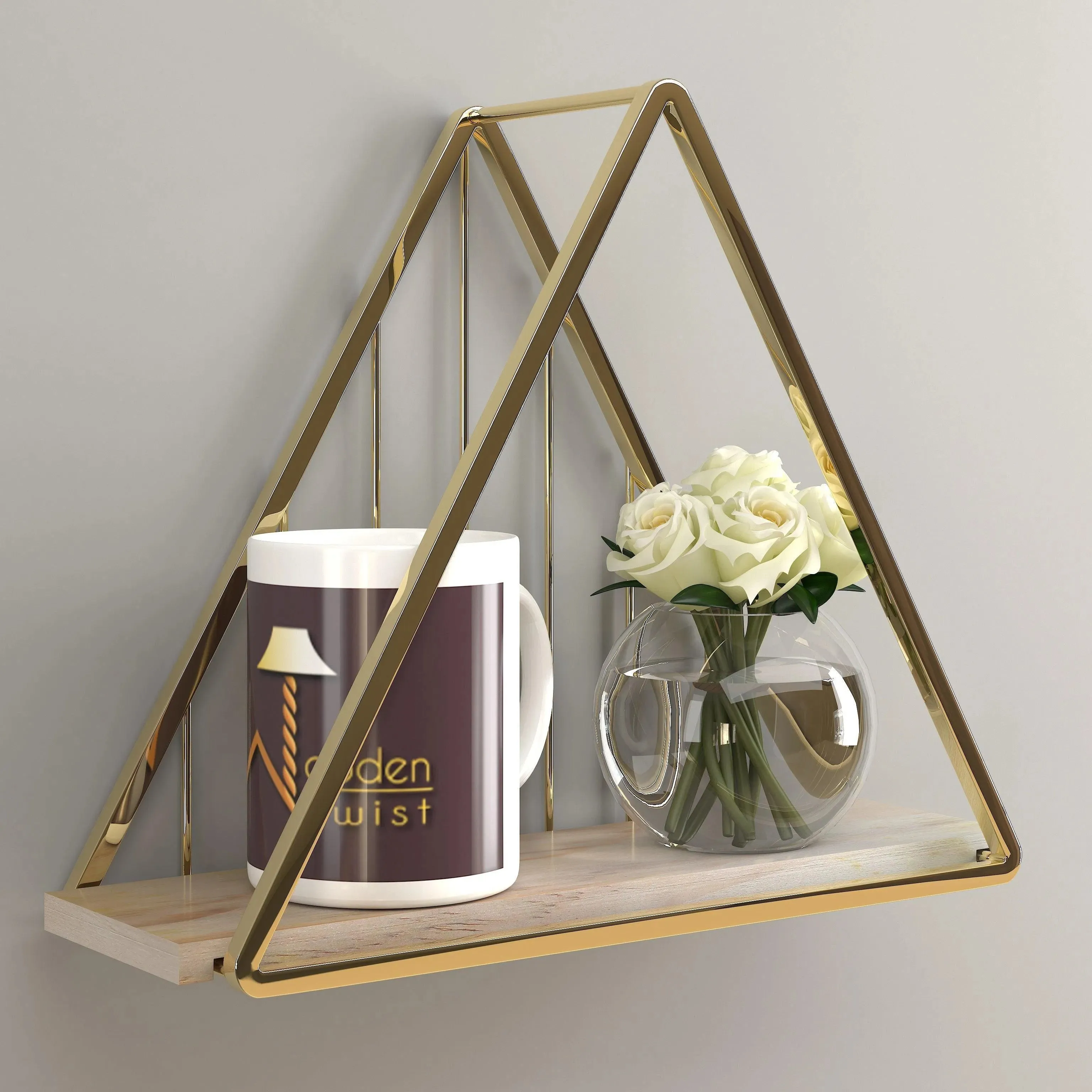 Triangle Metallic Twist Solid Wood Iron Storage Shelf (Golden)