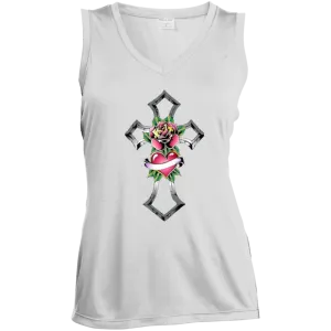 Tribal Rose with Heart Emblem Ladies' Sleeveless V-Neck Performance Tee