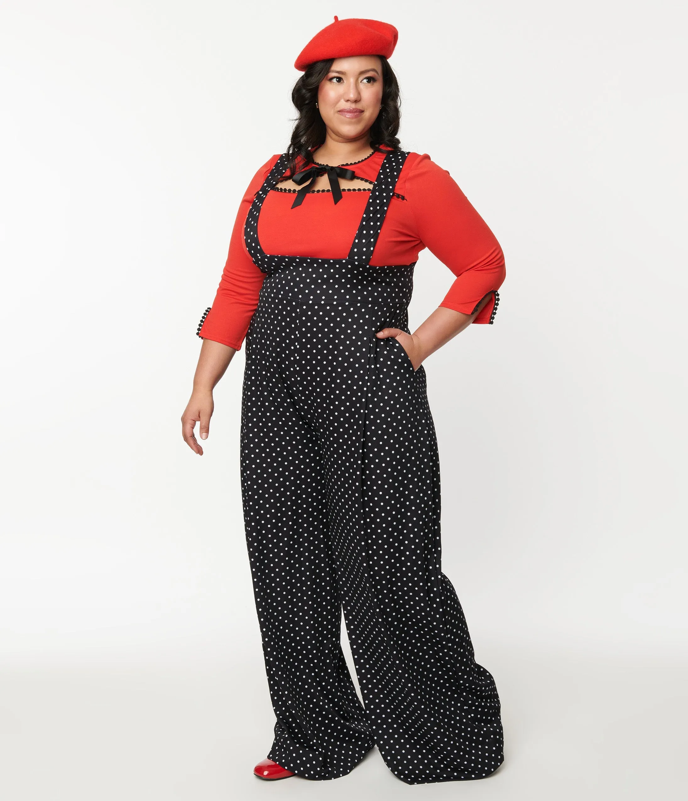 Unique Vintage Plus Size Black & White Pin Dot Rochelle Suspender Pants