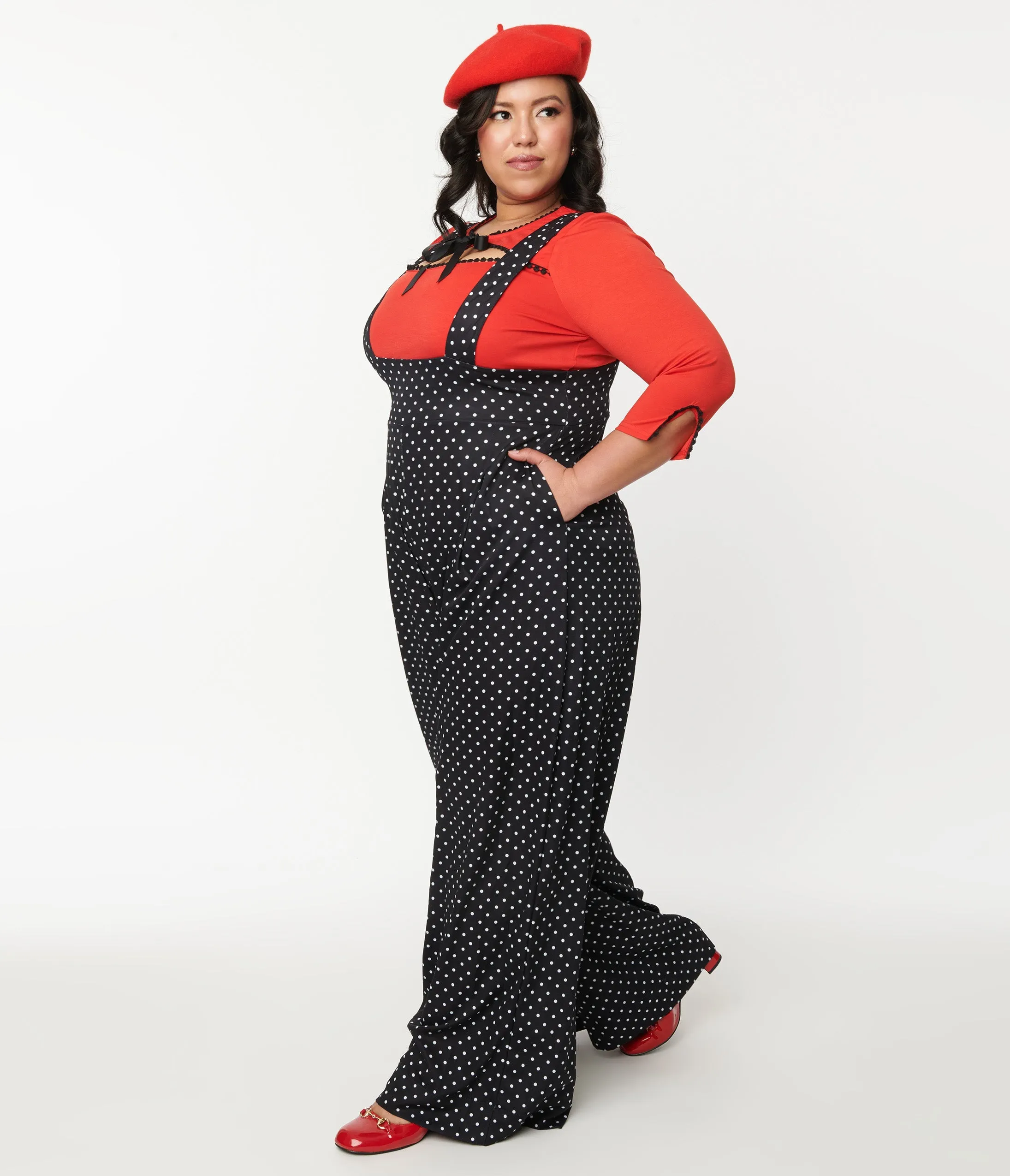 Unique Vintage Plus Size Black & White Pin Dot Rochelle Suspender Pants