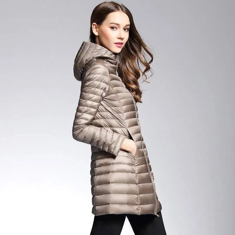 Woman Padded Hooded  White Duck Down Long Jacket