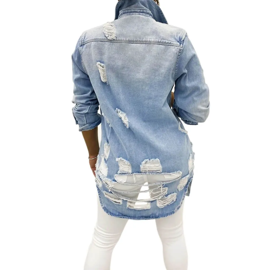 women's fashion acid-wash fray distressed long kind denim jacket