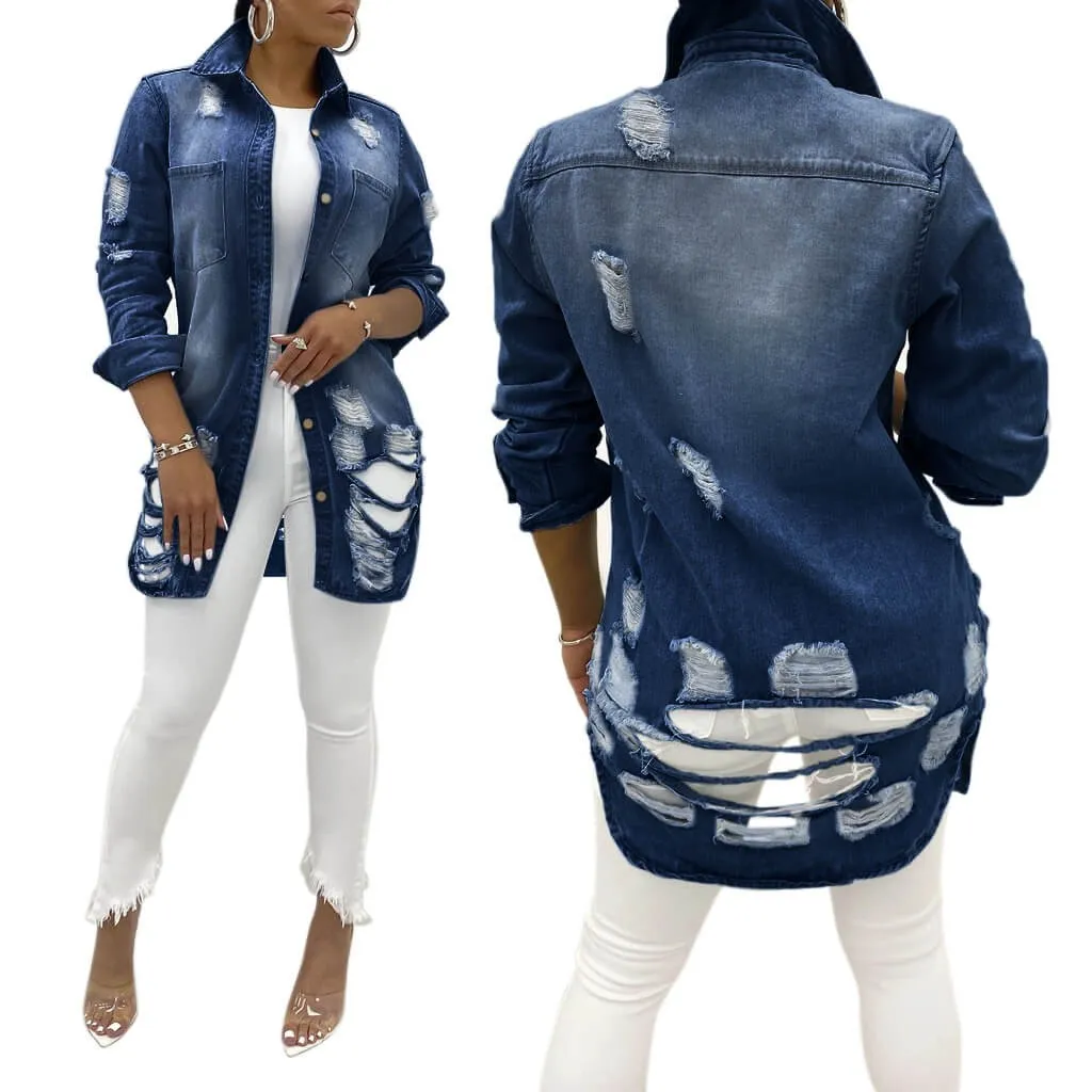 women's fashion acid-wash fray distressed long kind denim jacket