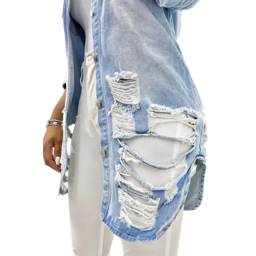 women's fashion acid-wash fray distressed long kind denim jacket