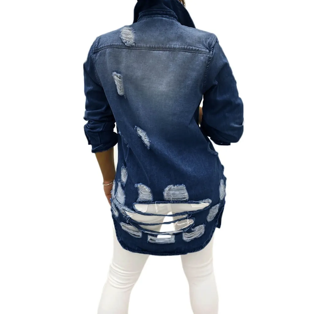 women's fashion acid-wash fray distressed long kind denim jacket