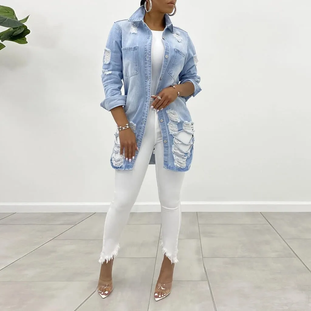 women's fashion acid-wash fray distressed long kind denim jacket