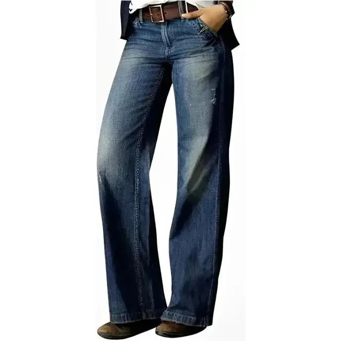 Women's Retro Fashion Casual Straight Leg Wide Leg Denim Jeans