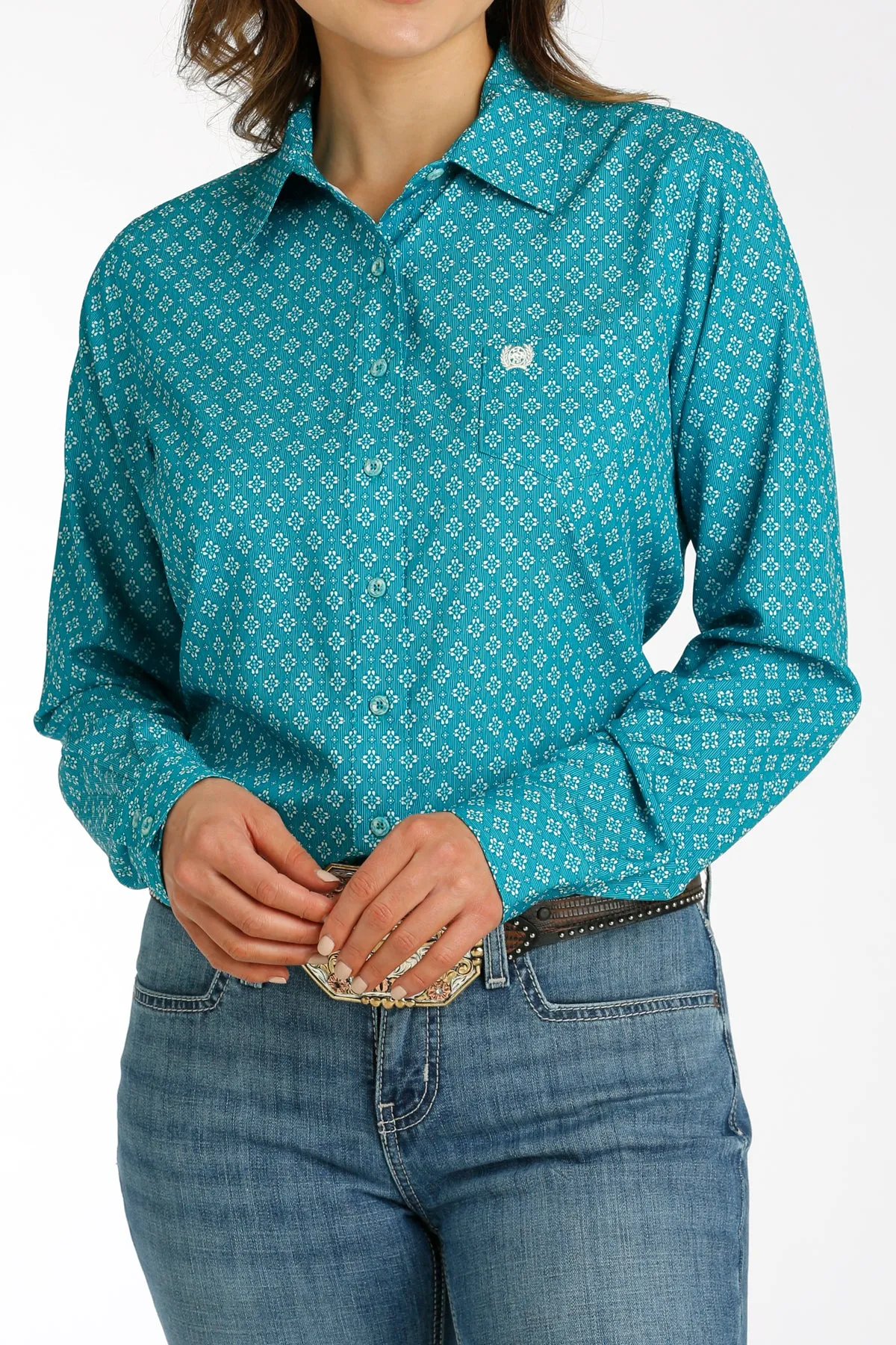 Women's Teal/Cream Geometric Print Button-Down ArenaFlex Cinch Blouse