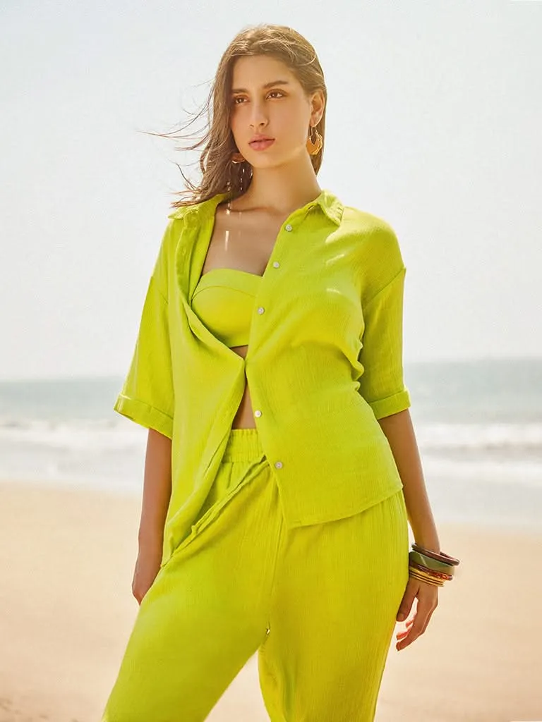 Wunderlove Lime Cotton Crinkled Relaxed Beach Pants