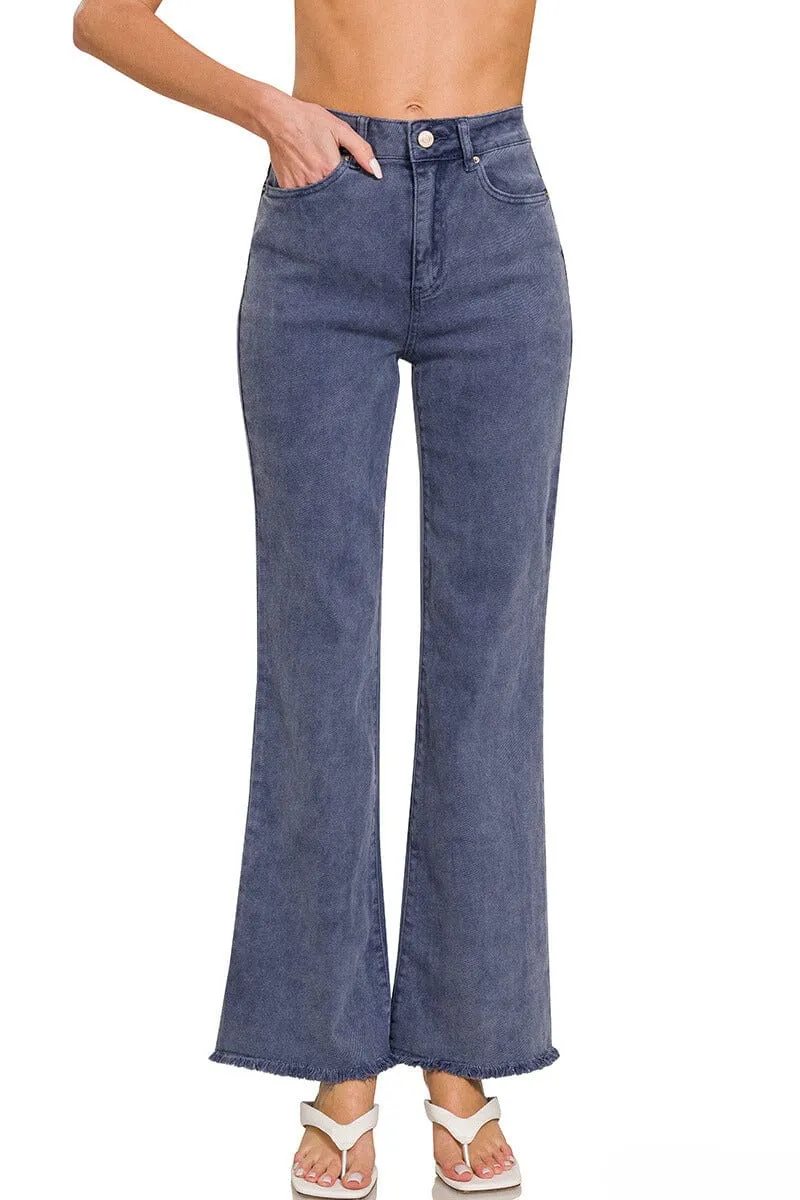 Zenana Acid Washed Frayed Cutoff Hem Straight Wide Jeans